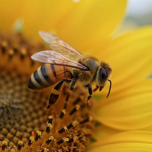 Close-up photograph of a bee with orange and black striped abdomen, translucent wings, and fuzzy body, hovering on a vibrant yellow sunflower.