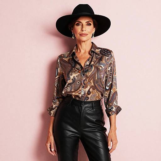 Photograph of a confident, mature woman with dark skin, wearing a black wide-brimmed hat, patterned blouse, and black leather pants,