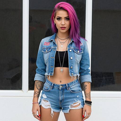 Photograph of a woman with vibrant pink-purple hair, wearing a blue denim jacket, black crop top, and ripped blue shorts, standing against a white