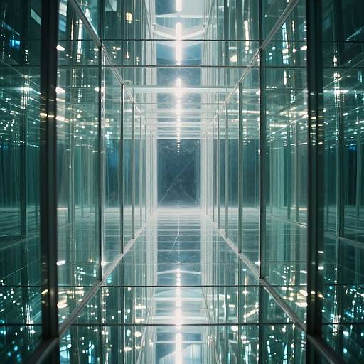 Photograph of a futuristic, glass-walled corridor reflecting bright, white lights, creating a symmetrical, tunnel-like effect with a sleek, metallic ambiance