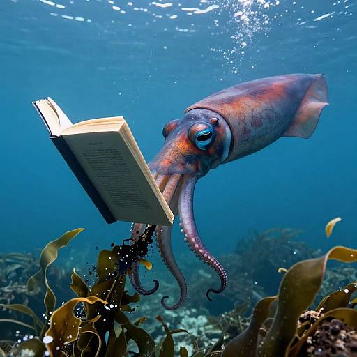 Photograph of a purple and orange squid underwater, reading an open book, surrounded by seaweed and coral in a blue ocean.