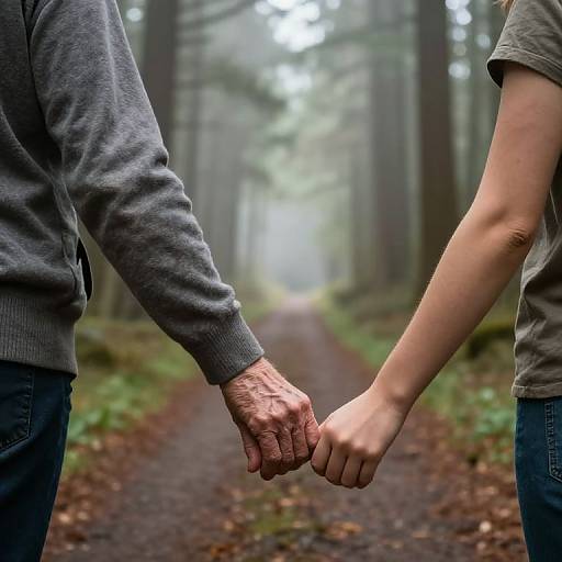 Photograph of an elderly man and a younger woman holding hands on a misty forest path, both wearing casual clothes.