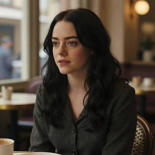 Photograph of a pensive young woman with long, wavy black hair, wearing a dark gray button-up shirt, sitting in a cozy café with