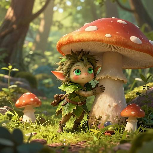 CGI fantasy scene: Adorable green-eyed fairy child with elf ears, leafy outfit, hugging giant red-spotted mushroom in enchanted forest.