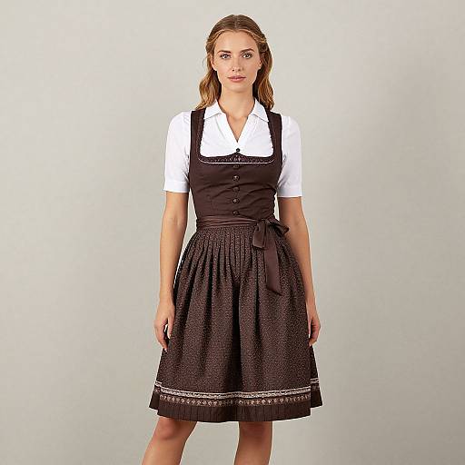 Photograph of a young woman with light brown hair in a black pinafore dress over a white short-sleeve shirt, standing against a plain