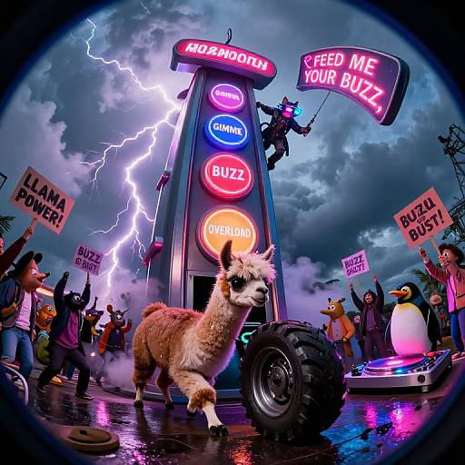 Photograph-style digital art: Stormy night, lightning bolts, giant vending machine with 