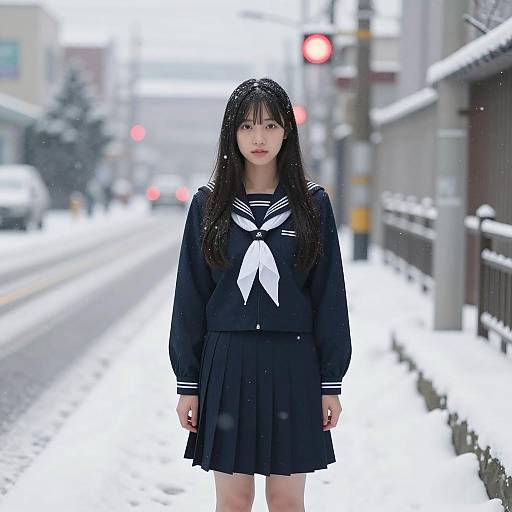 Japanese schoolgirl in snowy street