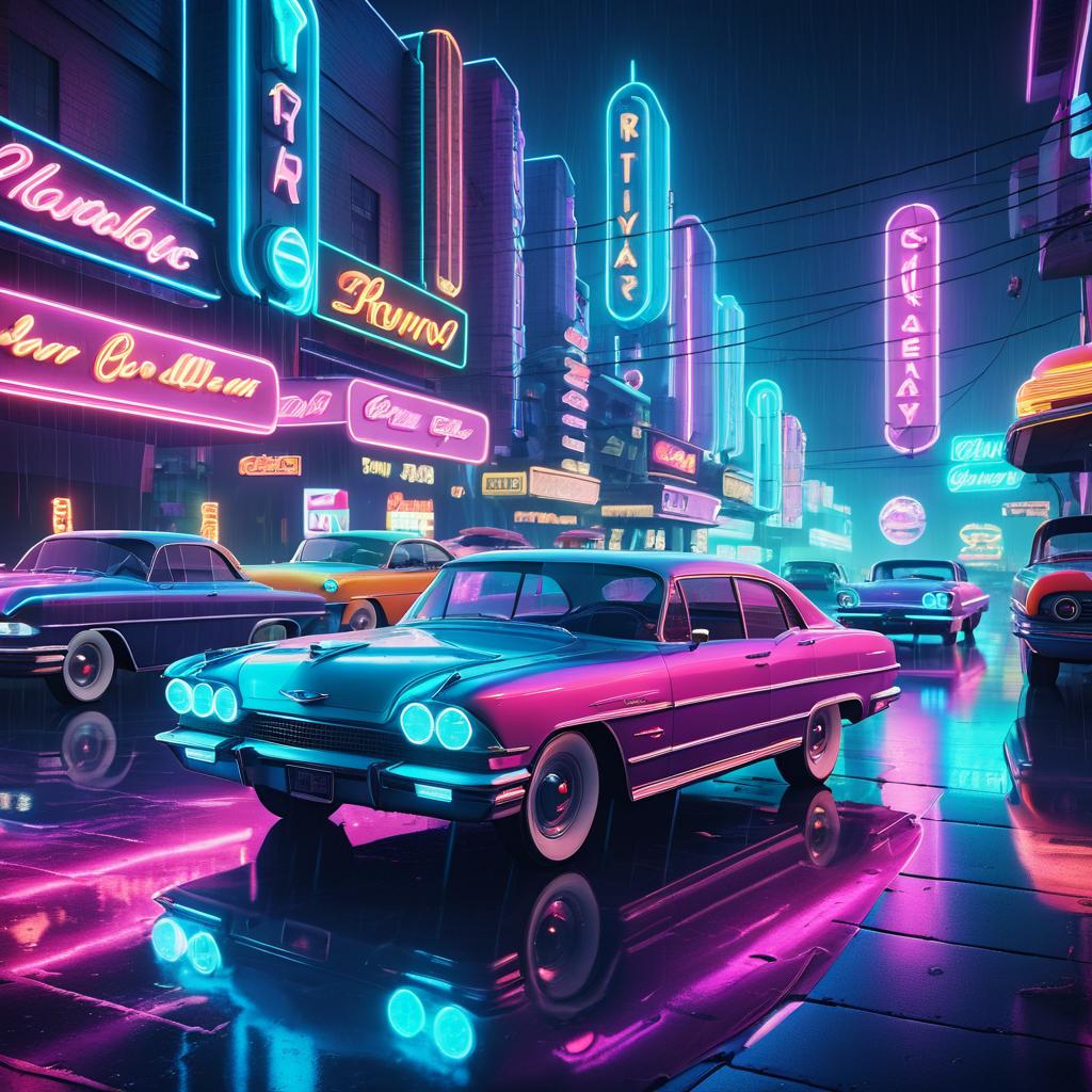 Neon Retro City with Vintage Cars