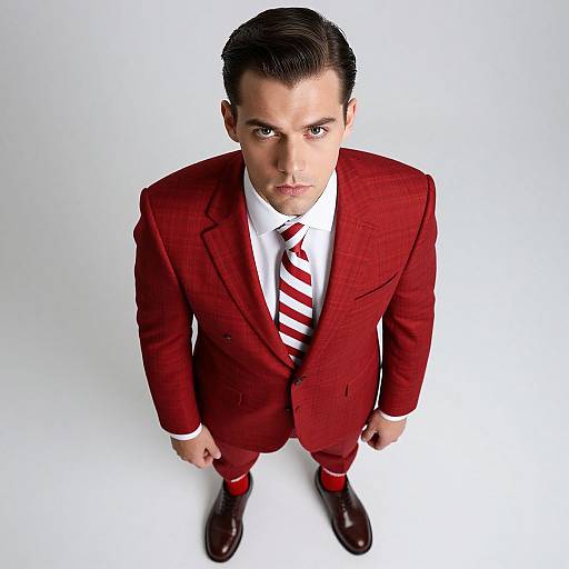 Photograph of a serious-looking man in a red suit, white shirt, red-and-white striped tie, red socks, and black shoes, viewed from