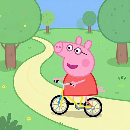 Cartoon pink pig with glasses, red dress riding yellow bicycle on winding path through green park with trees and flowers.