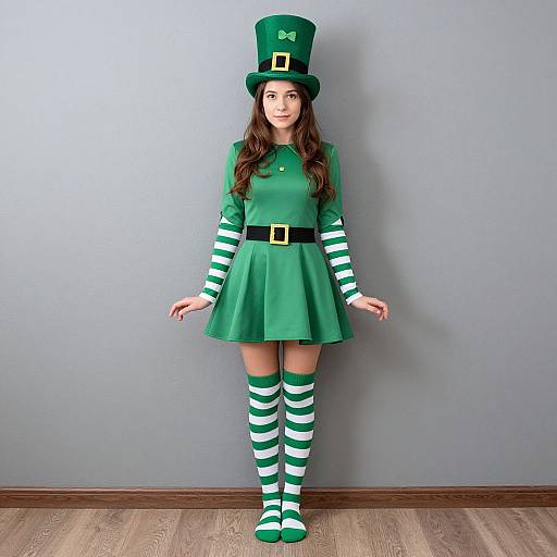 Photograph of a young woman in a green leprechaun outfit with striped sleeves, hat, skirt, and socks, standing against a gray wall