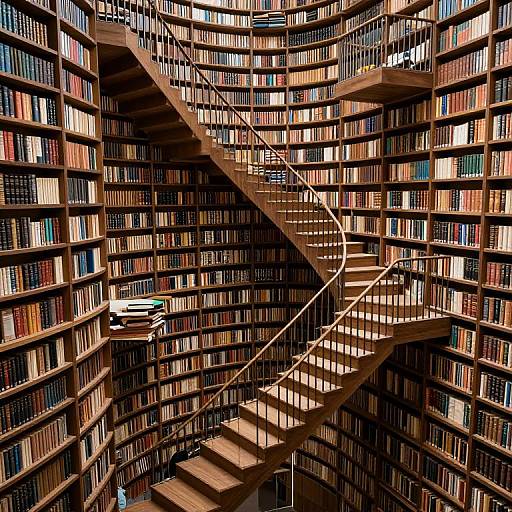 Photograph of a grand, circular library with wooden bookshelves filled with colorful books, a spiral staircase, and sunlight filtering through.