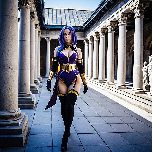 Woman in Purple and Gold Cosplay Outfit Walking in Courtyard