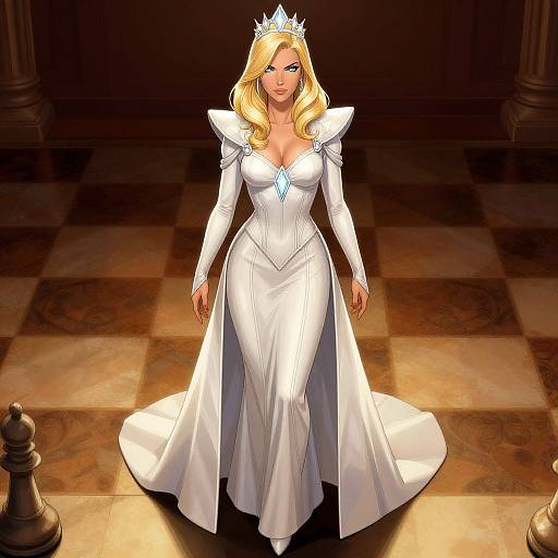 Digital illustration of a blonde queen with a silver crown, wearing a white, long-sleeved, form-fitting gown with blue gem accents, standing