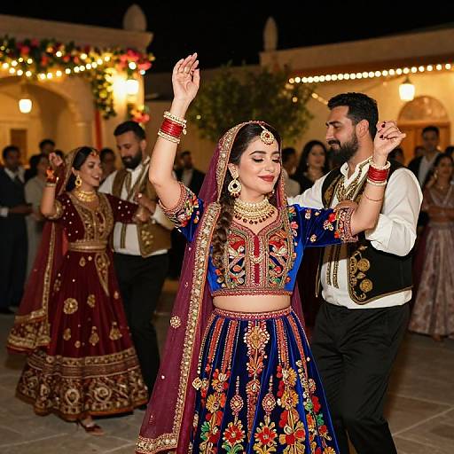 Photograph of a traditional Indian wedding dance; a bearded man in white and black holds hands with a smiling woman in a blue and maroon embroidered
