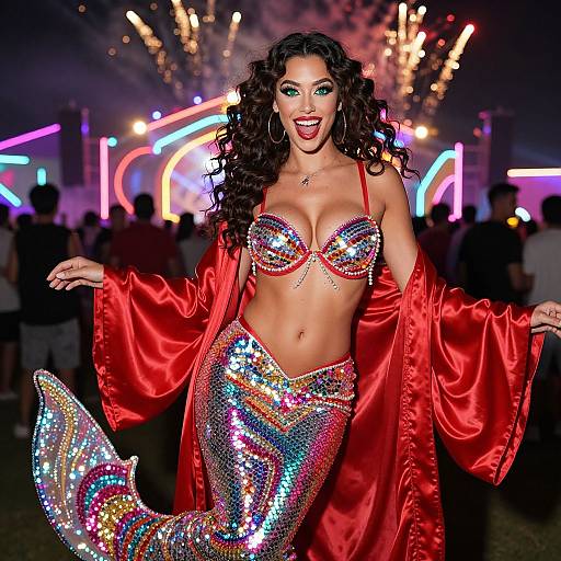 Photograph of a glamorous mermaid with sequined tail and red bra, wearing a red satin robe, dancing at a neon-lit party.