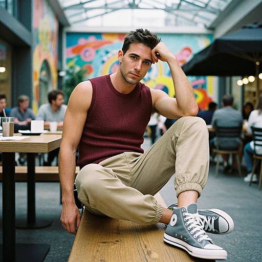 Photograph of a muscular, dark-haired man in a maroon tank top and beige pants, sitting on a wooden table in a colorful, urban outdoor