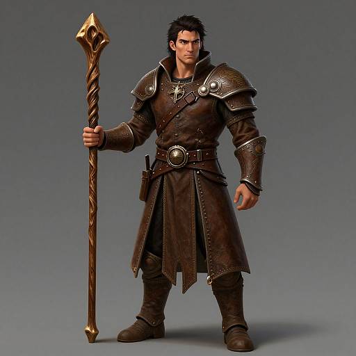 Digital artwork of a muscular, dark-haired man in dark brown, armored fantasy attire, holding a twisted, gold-tipped staff, standing confidently against a