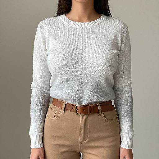 Photograph of a woman wearing a white knit sweater, tan high-waisted pants, and brown belt, standing against a plain gray background.
