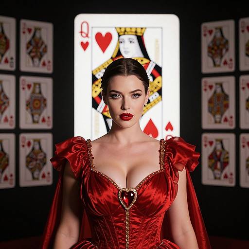 Photorealistic digital art of a fair-skinned woman with dark hair, red lips, and large breasts, wearing a red, low-cut corset