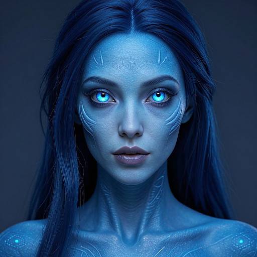 Digital CGI portrait of a blue-skinned woman with glowing blue eyes, long dark hair, and intricate facial markings, against a dark blue background.
