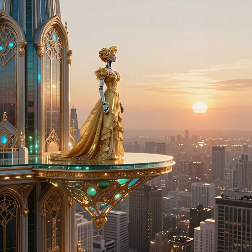Golden robot woman in elegant gown on ornate, illuminated rooftop balcony, overlooking sunset cityscape. Gothic architecture meets futuristic design.