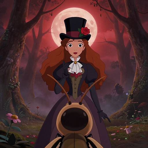 Cartoon woman with red hair, black top hat, Victorian dress, and rose, standing in eerie forest, moonlit background, giant insect in foreground