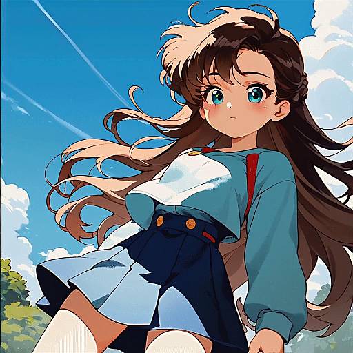 Retro Anime Cowgirl Under Blue Sky