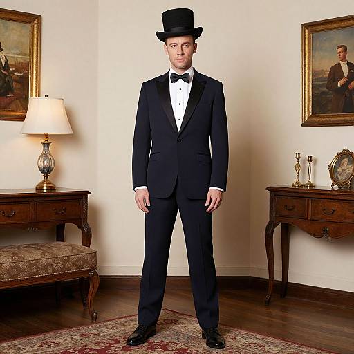 Photograph of a young Caucasian man in a black tuxedo and top hat, standing in an elegant, vintage living room.