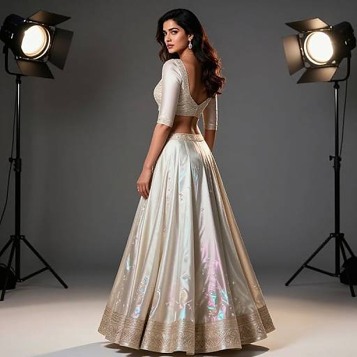 Photograph of a dark-haired woman in a shimmering white traditional outfit, back turned, under studio lights, showcasing detailed embroidery.