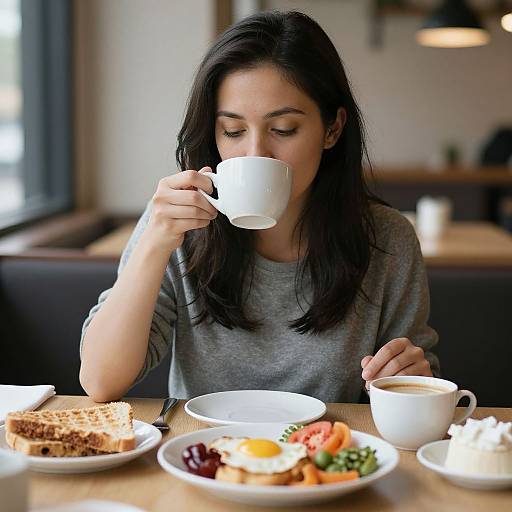 Photograph of a young woman with long black hair, wearing a gray shirt, sipping from a white cup, sitting at a wooden table with breakfast