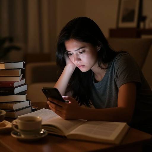 Photograph of a focused young woman with long black hair, wearing a gray t-shirt, reading a book and texting on a smartphone, illuminated by soft