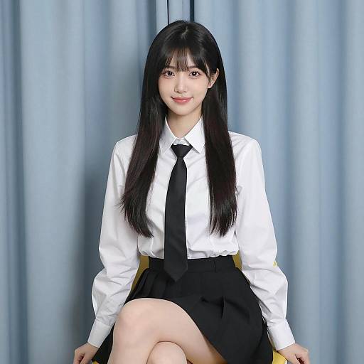 Asian Woman in White Shirt and Black Tie Sitting