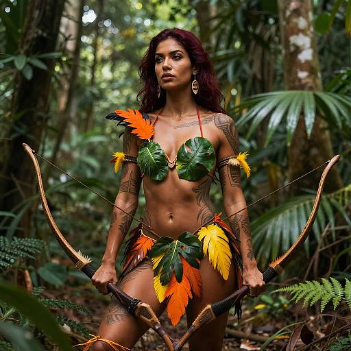 Photograph of a tattooed, topless woman with dark hair, wearing a leaf and feather loincloth, holding a bow in a dense jungle