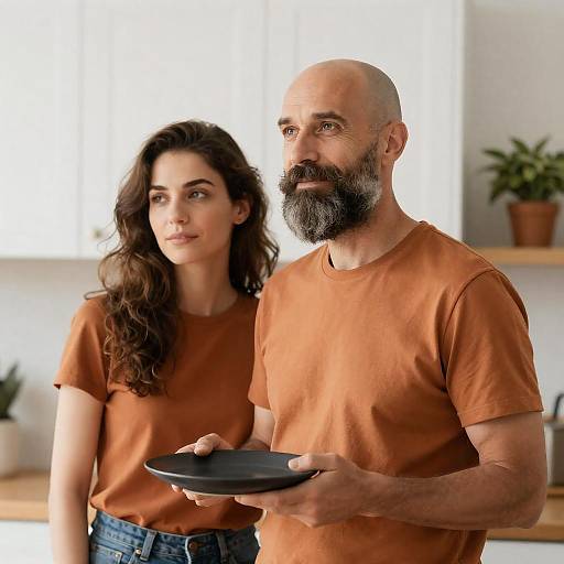 Couple in Orange Shirts in Kitchen