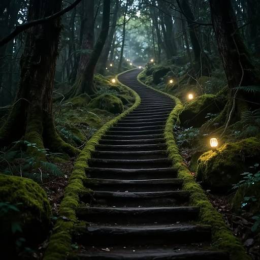 Photograph of a mysterious, moss-covered stone staircase in a dense, dark forest, illuminated by small, glowing lights along the sides.