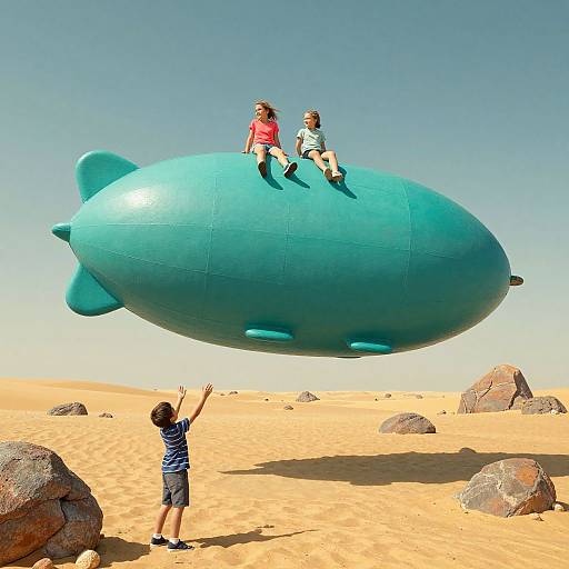 Photograph of two children sitting on a large, teal, balloon-shaped airship over a sunny desert with rocks, with another child pointing up in the
