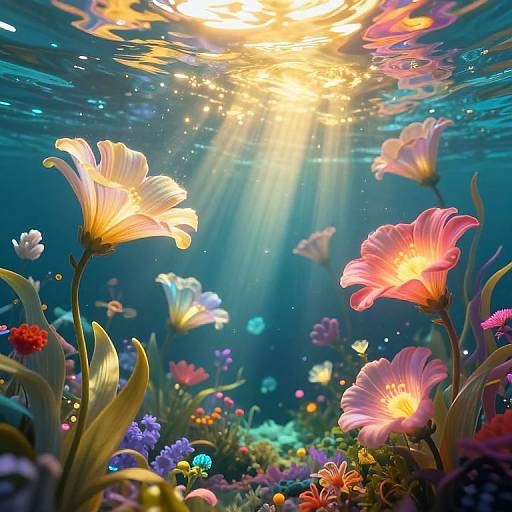 Underwater photograph of vibrant, glowing flowers with sunlight streaming through, surrounded by colorful coral and sea plants, creating a magical underwater garden scene.
