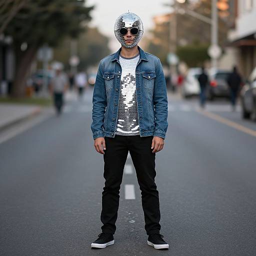 Photograph of a man standing on a city street, wearing a reflective silver helmet, denim jacket, black pants, and sneakers, with blurred urban background