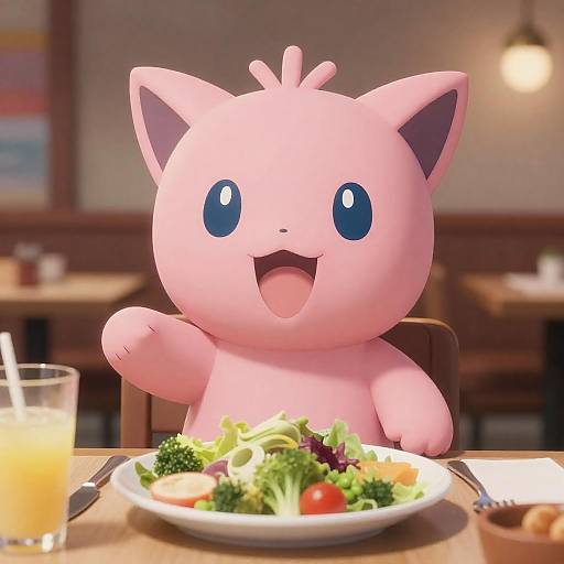 Fluffy Mew Dining in Glowing Restaurant