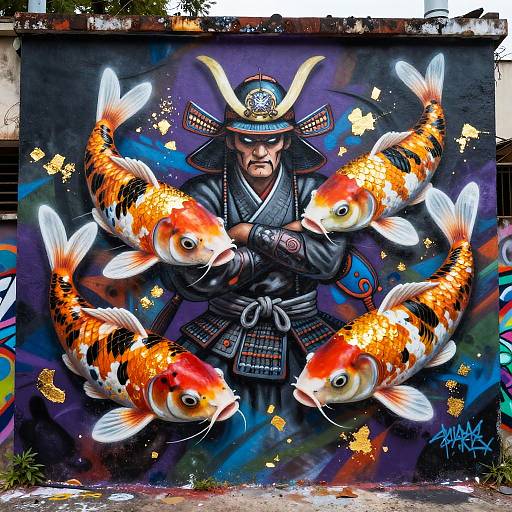 Neo-Noir Samurai Koi Graffiti Mural