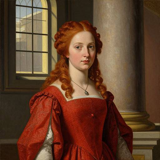 Photorealistic painting of a pale-skinned, red-haired woman with curled hair, wearing a red Renaissance dress and necklace, standing in a sunlit