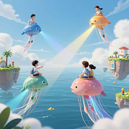Anime-style digital artwork of four children riding colorful jellyfish-like creatures over a bright blue ocean, with floating islands and a sunny sky.