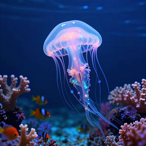 Photograph of a glowing, translucent jellyfish with long, flowing tentacles, floating above a colorful coral reef in a deep blue ocean.