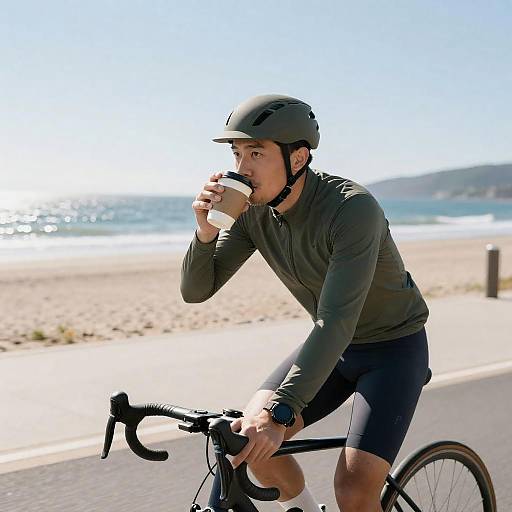 Cyclist Drinking Coffee by the Beach