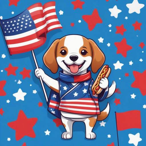 Cheerful Cartoon Dog with Hotdog & Flag