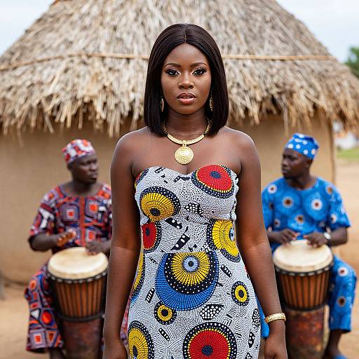 Photograph of an African woman in a colorful, patterned dress, standing in front of two drummers in traditional attire, against a thatched hut