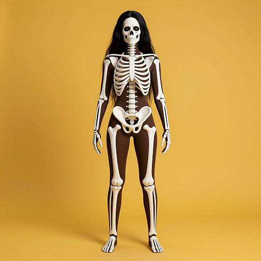 Photograph of a detailed, black-and-white skeletal figure with long dark hair, standing against a solid yellow background.