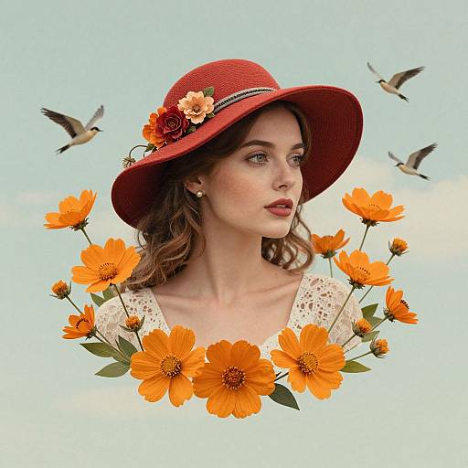 Photograph-style digital artwork of a fair-skinned woman with wavy brown hair, wearing a red hat with orange flowers, white lace dress, surrounded