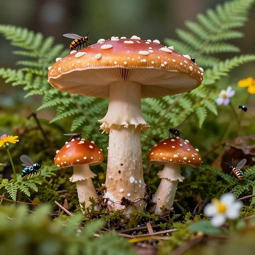 Photograph of three orange and white-spotted mushrooms with a honeybee and two small black bees on top, surrounded by green ferns and yellow and